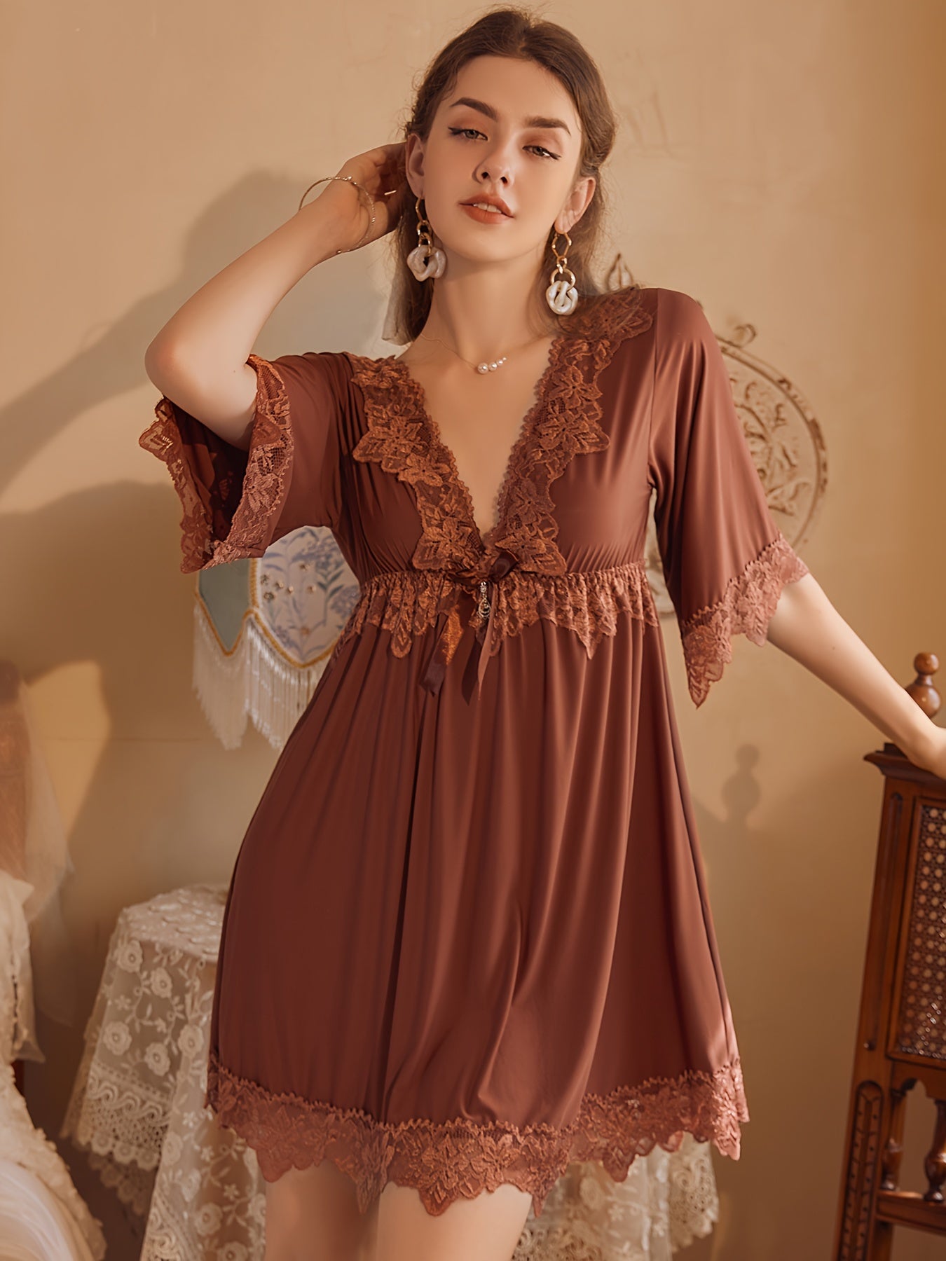 Women's Elegant Solid Color Lace Trim Pajamas Dress，3/4 Sleeve V Collar Waist Dress，Comfortable Pajamas