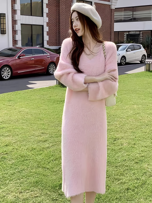 Women's Bohemian Style V Collar Solid Color Polyester Robe - Soft and Warm Autumn and Winter Fake Mink Knitted Sweater，Loose plus Size，Universal Inner Layer，Nifty Pink Nightgown Pajamas