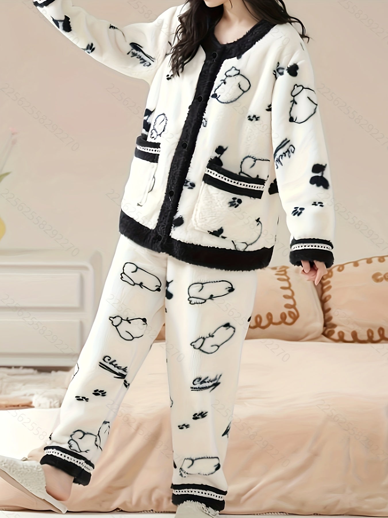 Women's Cute Bear Printed Thickening Fleece Casual Suit，Long Sleeve Button V Collar Top and Pants，Autumn and Winter Comfortable Loose Style