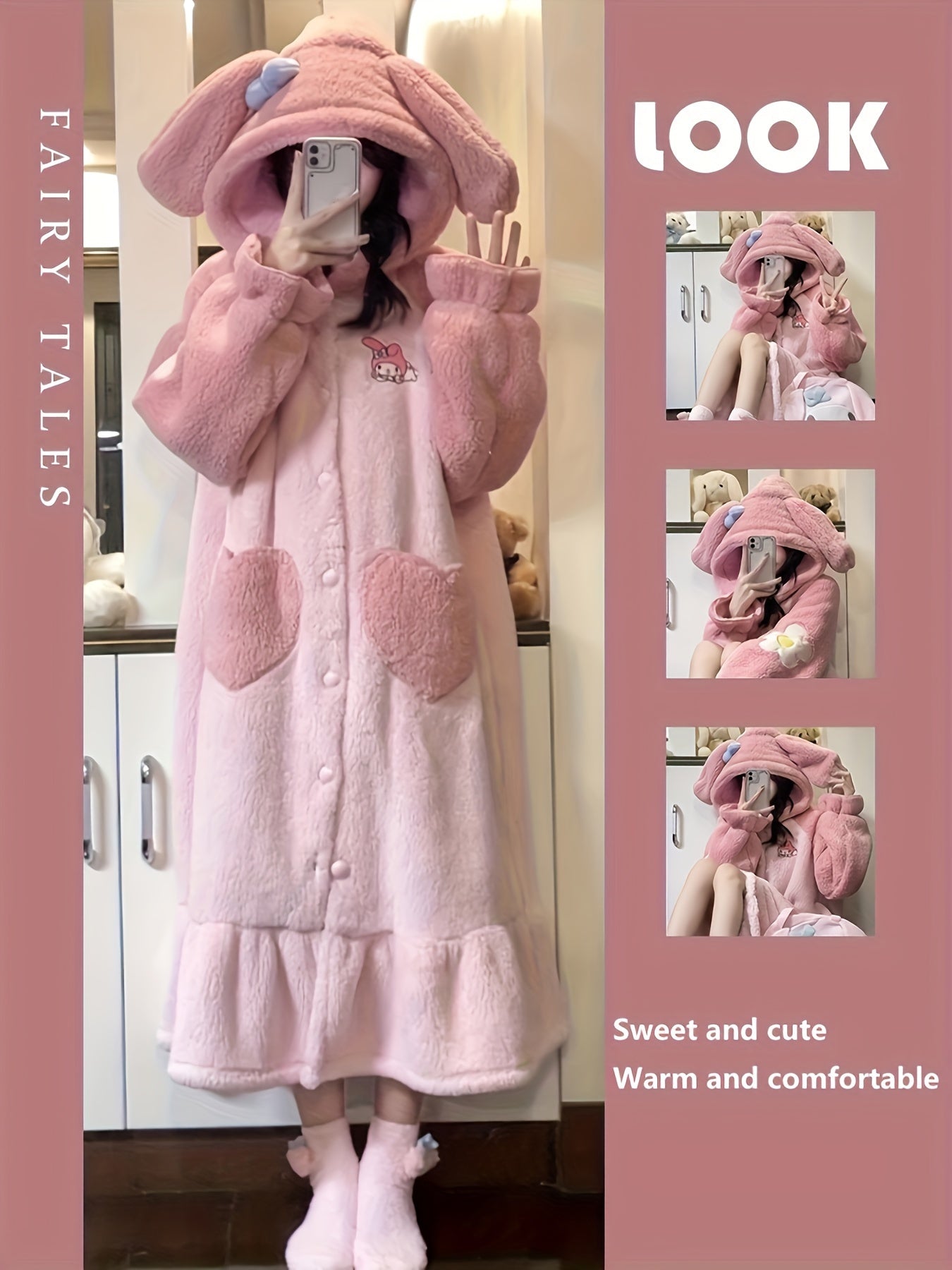 [Authorization] Sanrio Homewear Women's Plush Thickened Long Nightdress，Cinnamoroll Babycinnamoroll Coral Velvet Pajamas Long Sleeve Pajamas Thickened Thermal Coral Fleece Homewear，Sweet Cute Pajamas Outerwear Homewear Nightdress