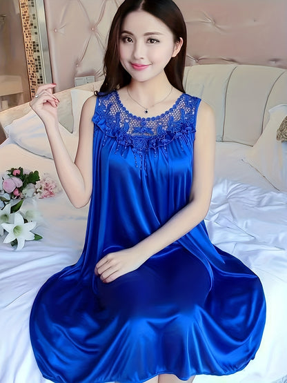 Women's Spring/Summer Ice Silk Home Wear Nightdress Dress Home Wear Lace Stitching Nightdress Comfortable Dress Nightdress