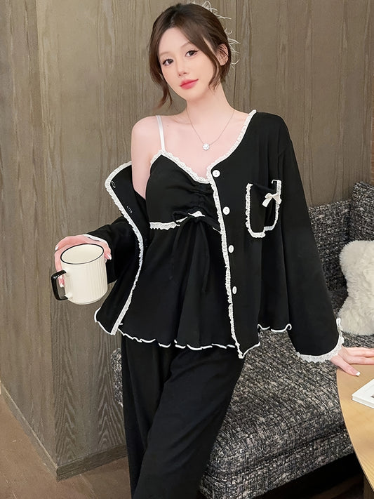 Autumn Winter Thermal Velvet Thick Long-Sleeved Trousers Suspenders Three-Piece Solid Color Lace High-End Home Wear Suit