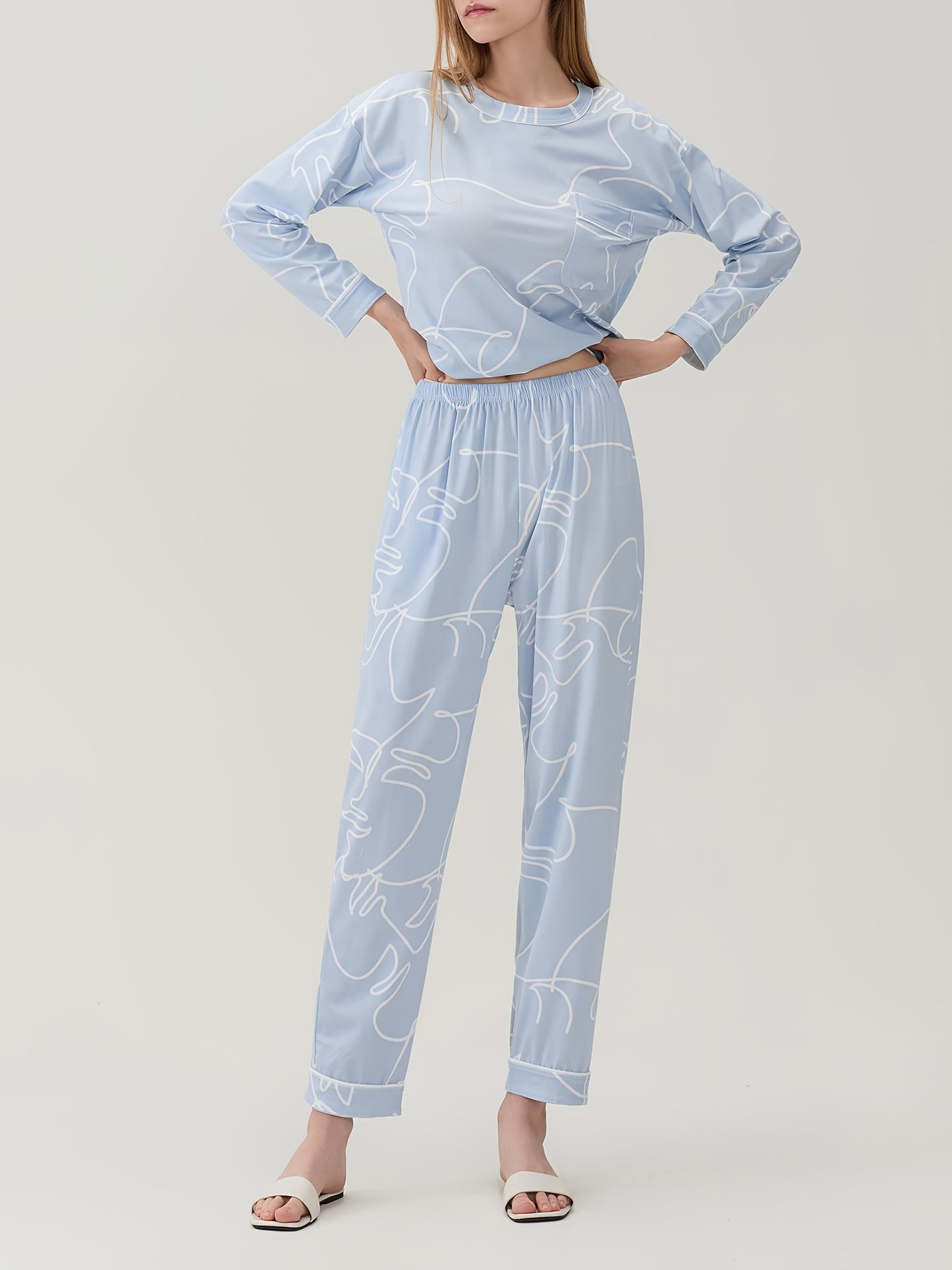 Women's Casual round Neck Long Sleeve Pajamas Suit，Polyester Knitted Fabric，Four Seasons Comfortable Homewear，with Pocket，Printed Pattern Design