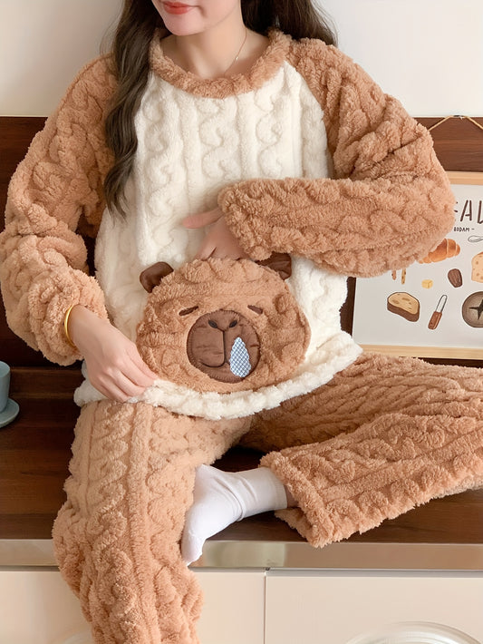 Cute Bear Pattern Fleece-lined Warm Winter Pajamas Suit - Long Sleeve Trousers，Women's Thick Thermal Pajamas