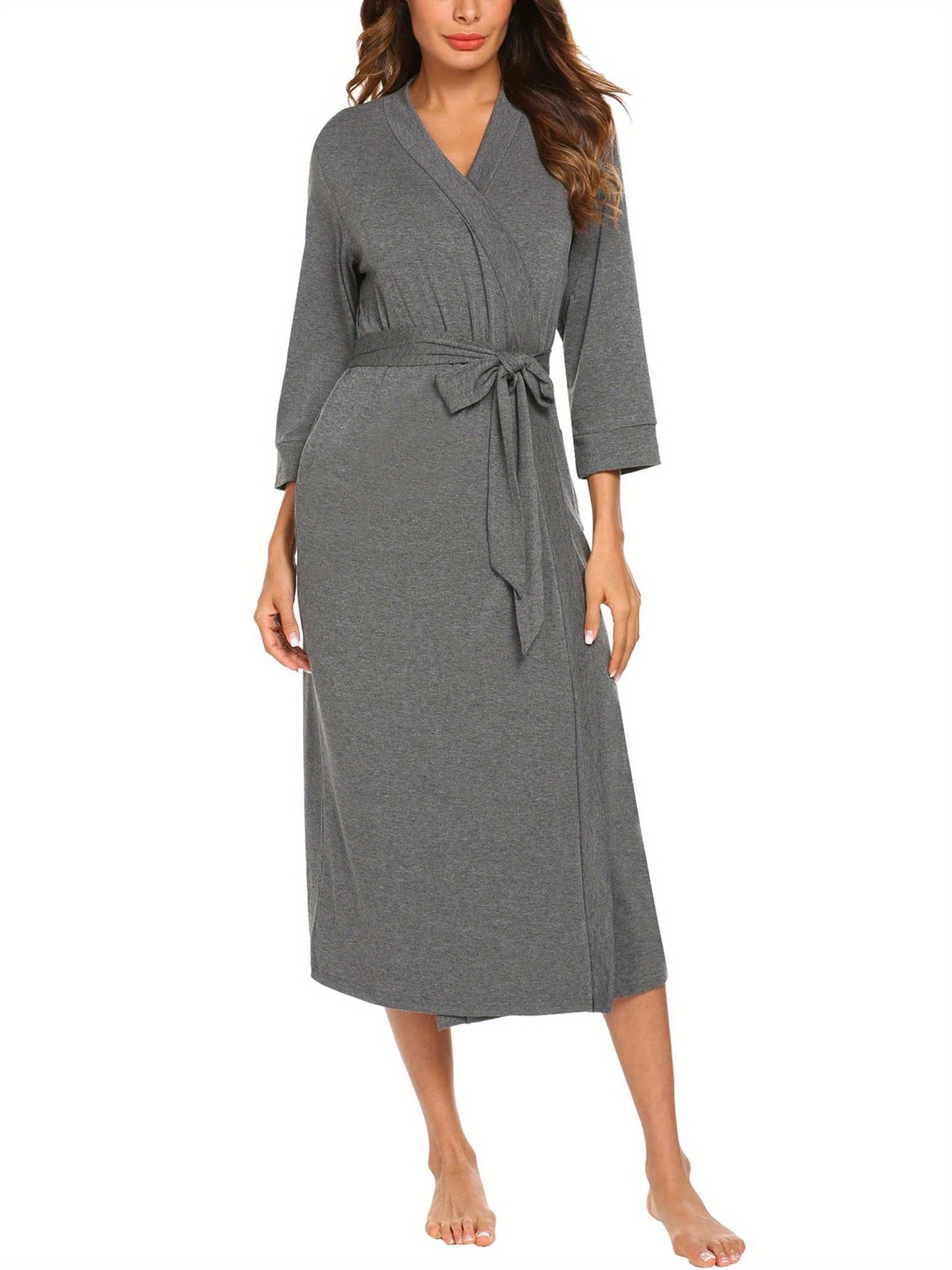 Elegant V Collar Women Bathrobe - Lightweight Viscose Fiber Loungewear Gown，Lace up，Knitted Spa Style，Long Straight Skirt，Suitable for All Seasons3/4Sleeve