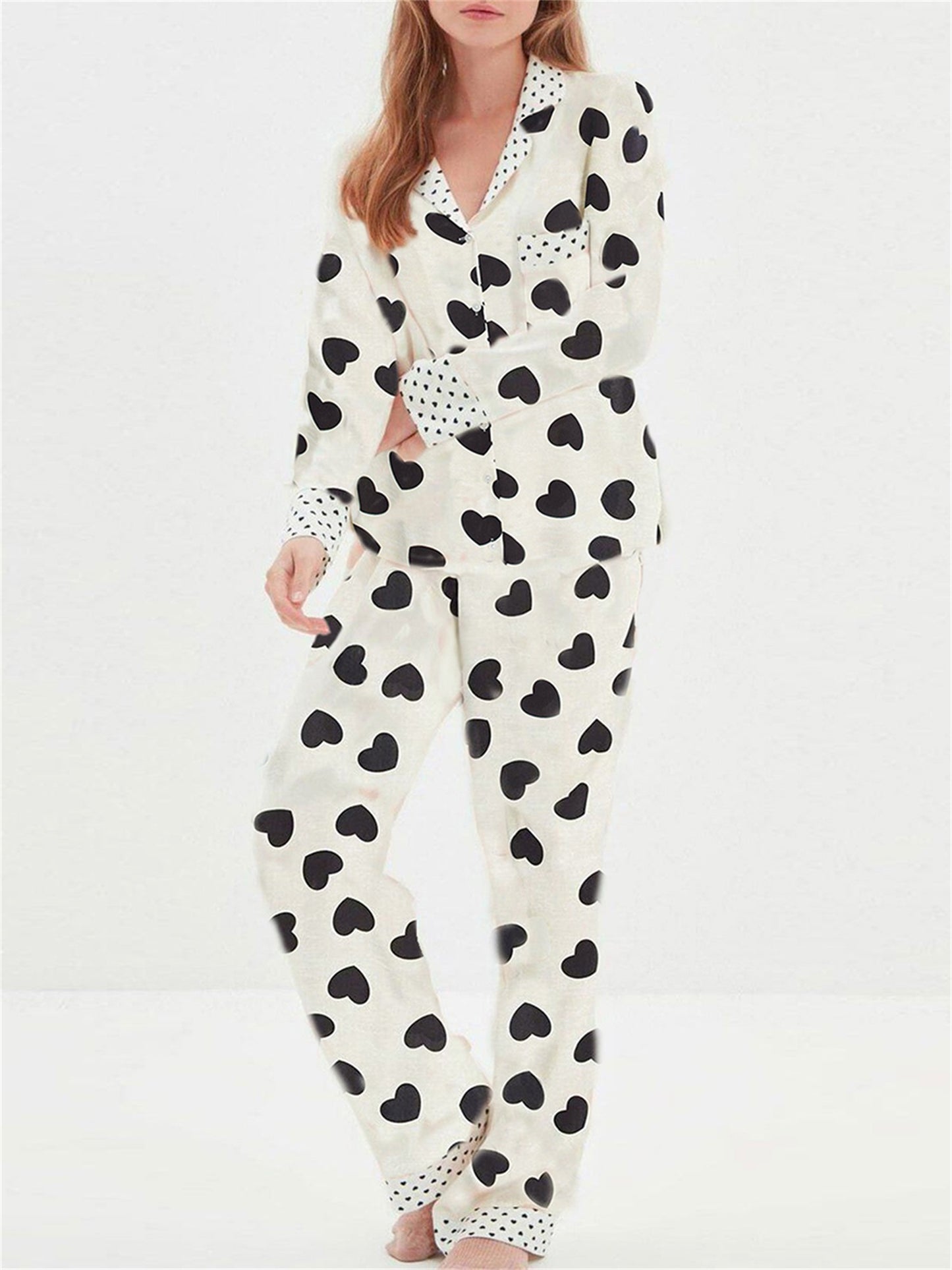 Ladies2Heart-Shaped Spotted Printed Pajamas Suit Long Sleeve Button Top Elastic Waist Trousers Pajamas Suit