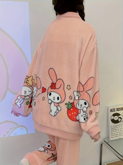 2 Set of Sanrio Authorized Cartoon Pattern Long-Sleeved Pajamas Suit，Thick Warm Loungewear，Sweet Cute Pajamas，Outerwear Homewear 2 Set