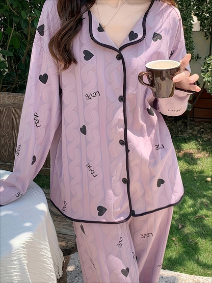 Women's Elegant Spring and Autumn Long Sleeve Pajamas，Love Heart Simplicity Lazy Style，Two-Piece Homewear