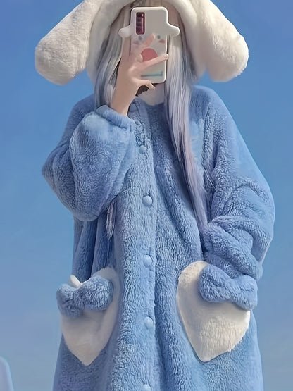 Women's Cute Cartoon Rabbit Thick Wool Robe，Warm Plush Pajamas，Novelty Rabbit Home Clothing with Hood and Ears，Autumn and Winter Comfortable Pajamas