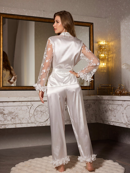 Elegant Ladies Lace Mesh Robe Suit with Belt - Long Sleeve V Collar Transparent Pajamas，Suitable for Spring/Summer/Autumn