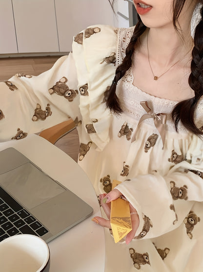 Teddy Bear Printed Pajamas Suit，Cute Long Sleeve Square-Neck Top and Casual Pants，Women's Pajamas and Homewear