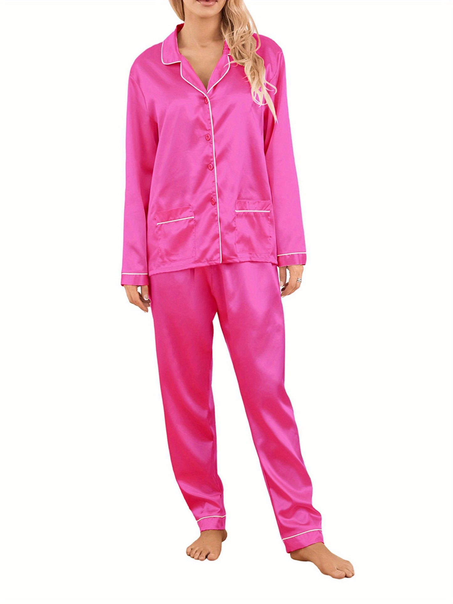 Ladies2Set Long Sleeve Button Pajamas Top Wide Leg Pants Suit Satin Nightdress PJs Homewear