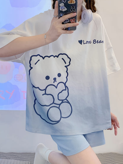 Cute Little Bear and Letter Print Gradient Loose Design Pajamas Suit，Short Sleeve round Neck Top and Elastic Shorts，Women's Pajamas