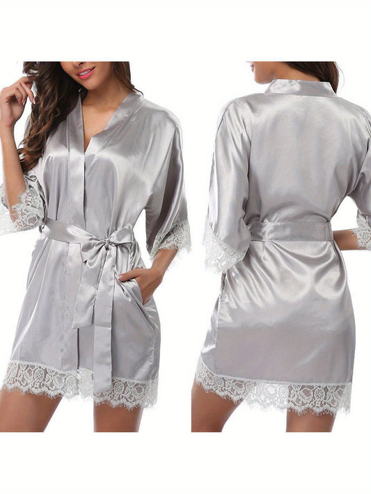 1Elegant Satin Nightdress - Contrast Lace Details，round Neck，Long Sleeve，Solid Color，Woven Polyester Fiber，with Removable Belt - Suitable for Spring and Autumn，Adult Pajamas