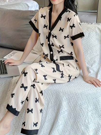 Elegant Bow Print Pajamas Suit，Short Sleeve Button V Collar Top and Elastic Pants，Women's Pajamas and Homewear