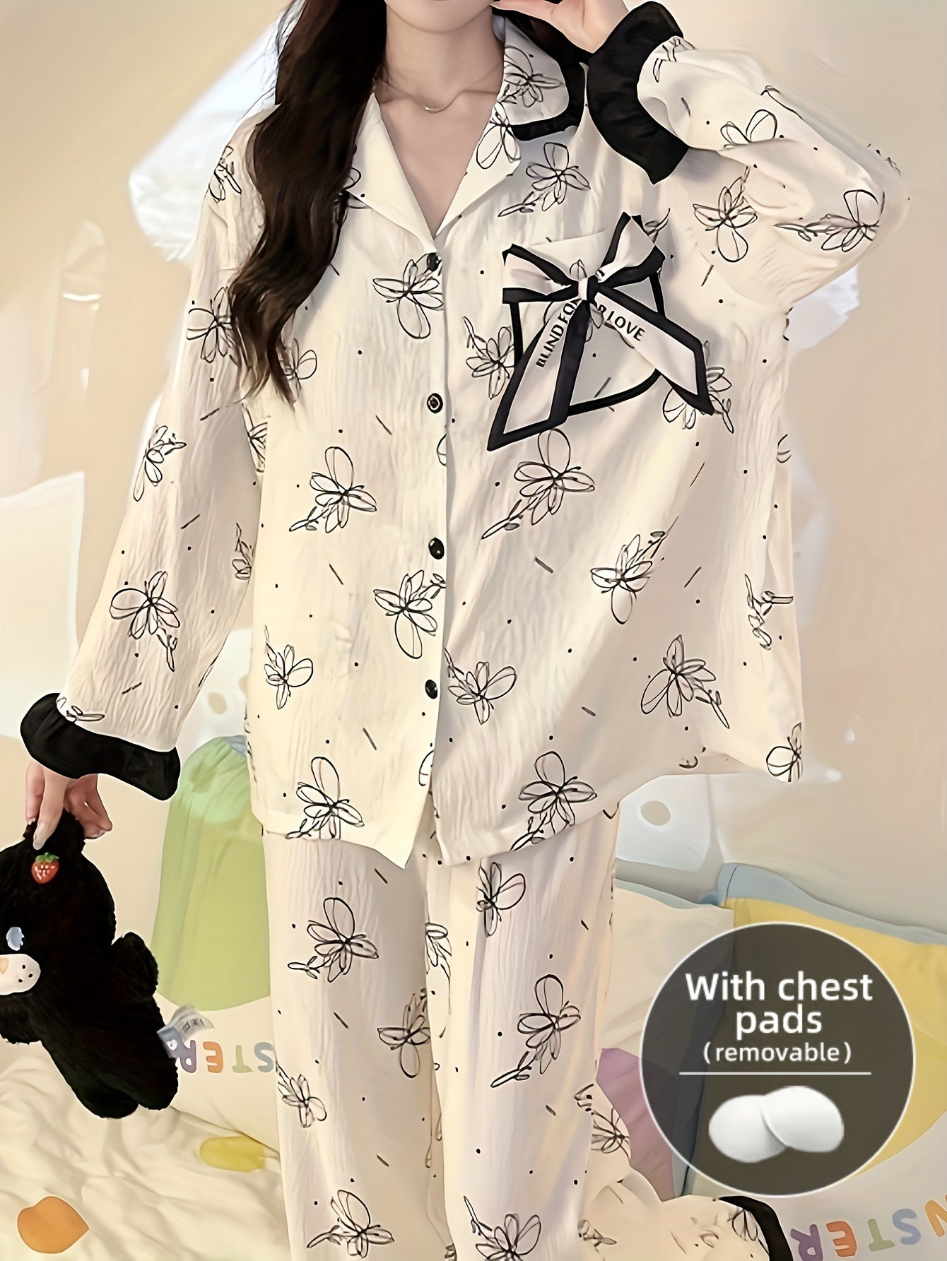 Women's Long-Sleeved Pajamas Suit，Containing Chest Pad，Casual Polyester Fiber Stretch Home Wear，Opaque Printing Design，Button Details - Suitable for All Seasons