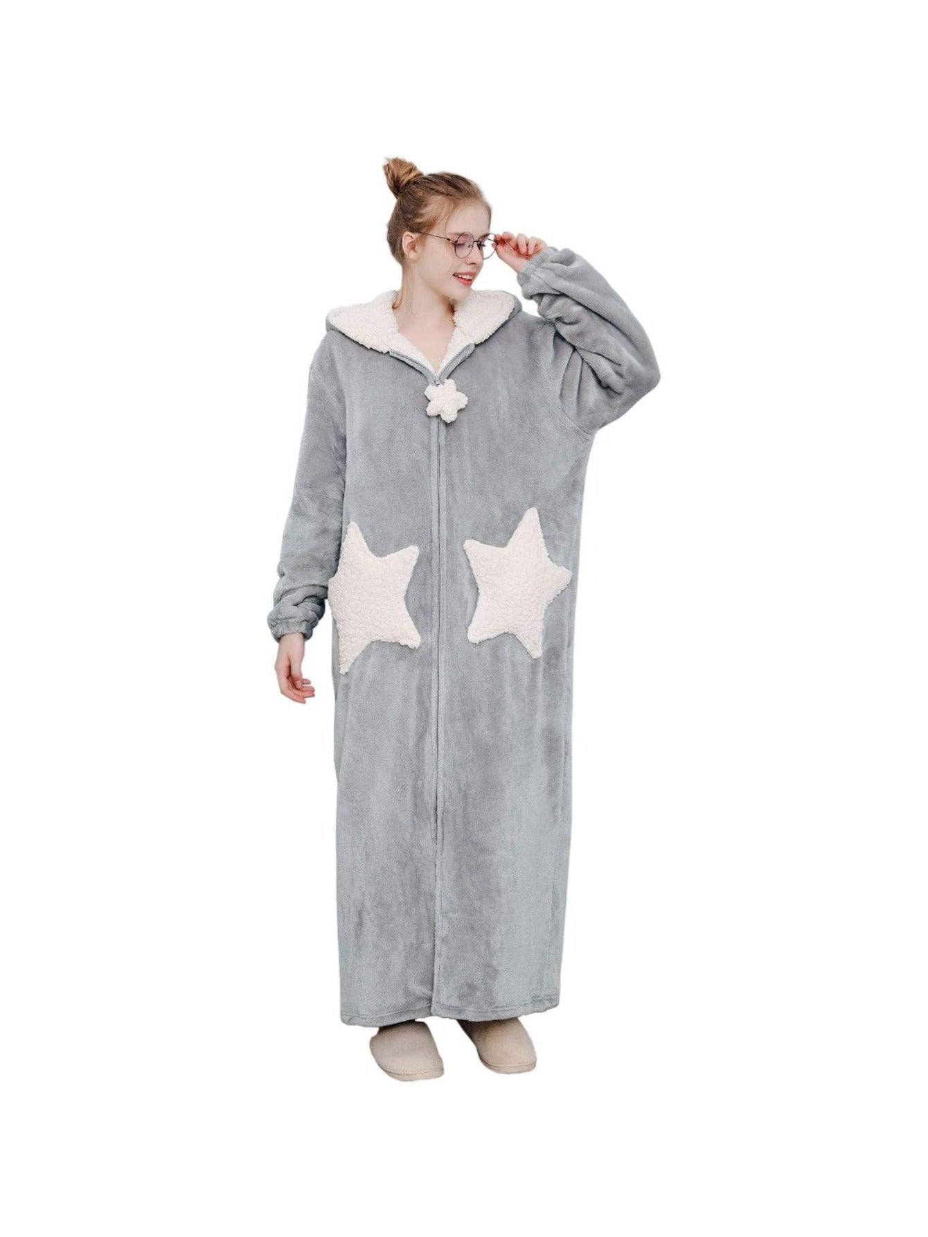 HelloMama Women's Long Pajamas Long Pajamas，Plush Thermal Pajamas with Hood and Zipper，Long Pajamas，Night Pajamas