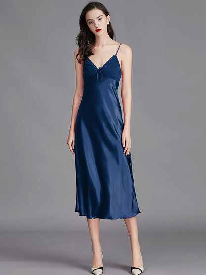 Women Satin Pajamas Sexy Sleepwear Slim Shoulder Strap Stacked Neck Elegant Long Satin Sling Mid-Length Dress