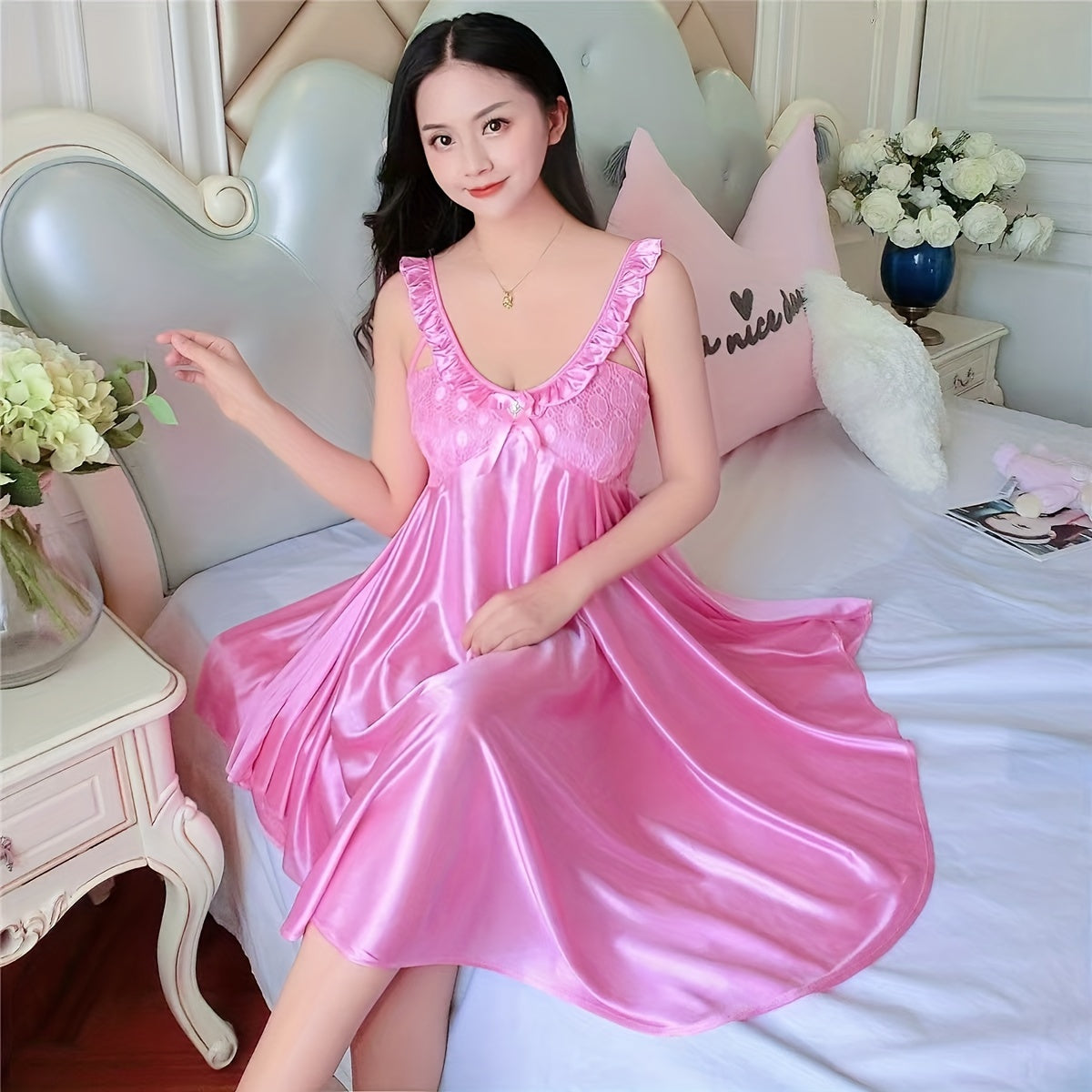 Elegant Women's Disposable Pajamas - V Collar，Lace Edge，Silky Polyester Fiber，Perfect for Travel and Home Use，Plus-Sized Size Pajamas，Elegant Special Project Style，Xia