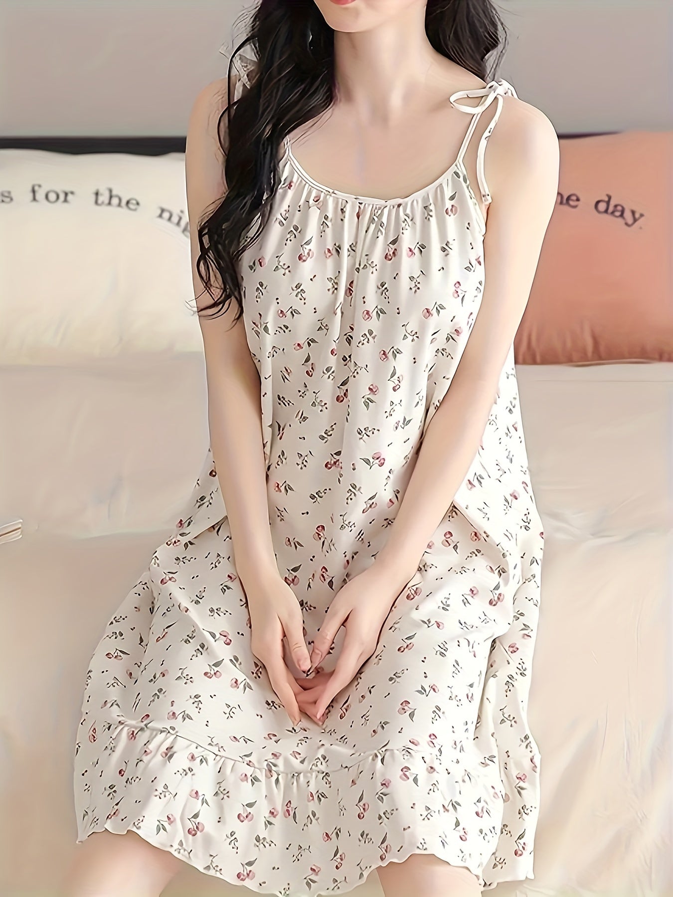 Women's Floral Print Dress round Neck Ruffled Nightdress