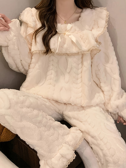 Comfortable to Hug，Comfortable Coral Fleece Women's Pajama Suit - Thick Warm Long Sleeves Trousers Homewear，Winter Cute Square Collar Design