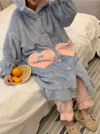 Women's Cute Rabbit Plush Thick Ruffled Pajamas Suit，Ruffled Sleeves Button Hooded Robe and Pants，Comfortable Loose Design，Suitable for Autumn and Winter