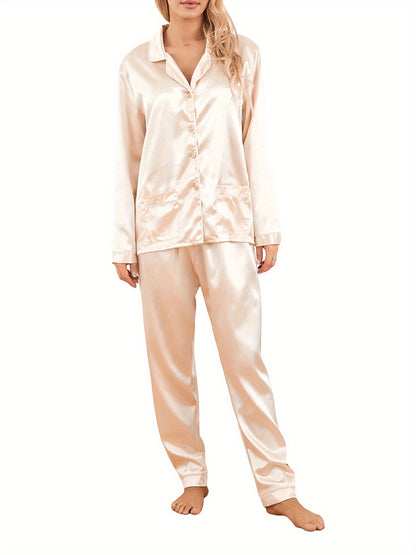 Ladies2Set Long Sleeve Button Pajamas Top Wide Leg Pants Suit Satin Nightdress PJs Homewear