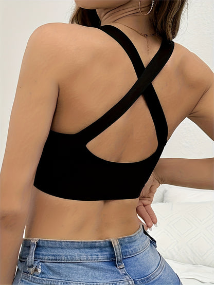 Mature Solid Stitched Mesh Sleeping Top，See-through Full Coverage Cross Vest Vest Bra，Women's Pajamas