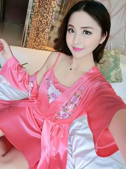 Elegant Women's Satin Pajamas Suit - Comfortable Sexy Sling Dress，With Belt Robe，Embroidery Details，Machine Washable - Spring/Summer/Autumn、Homewear、2 Set、Elegant Style、Spring/Summer/Autumn