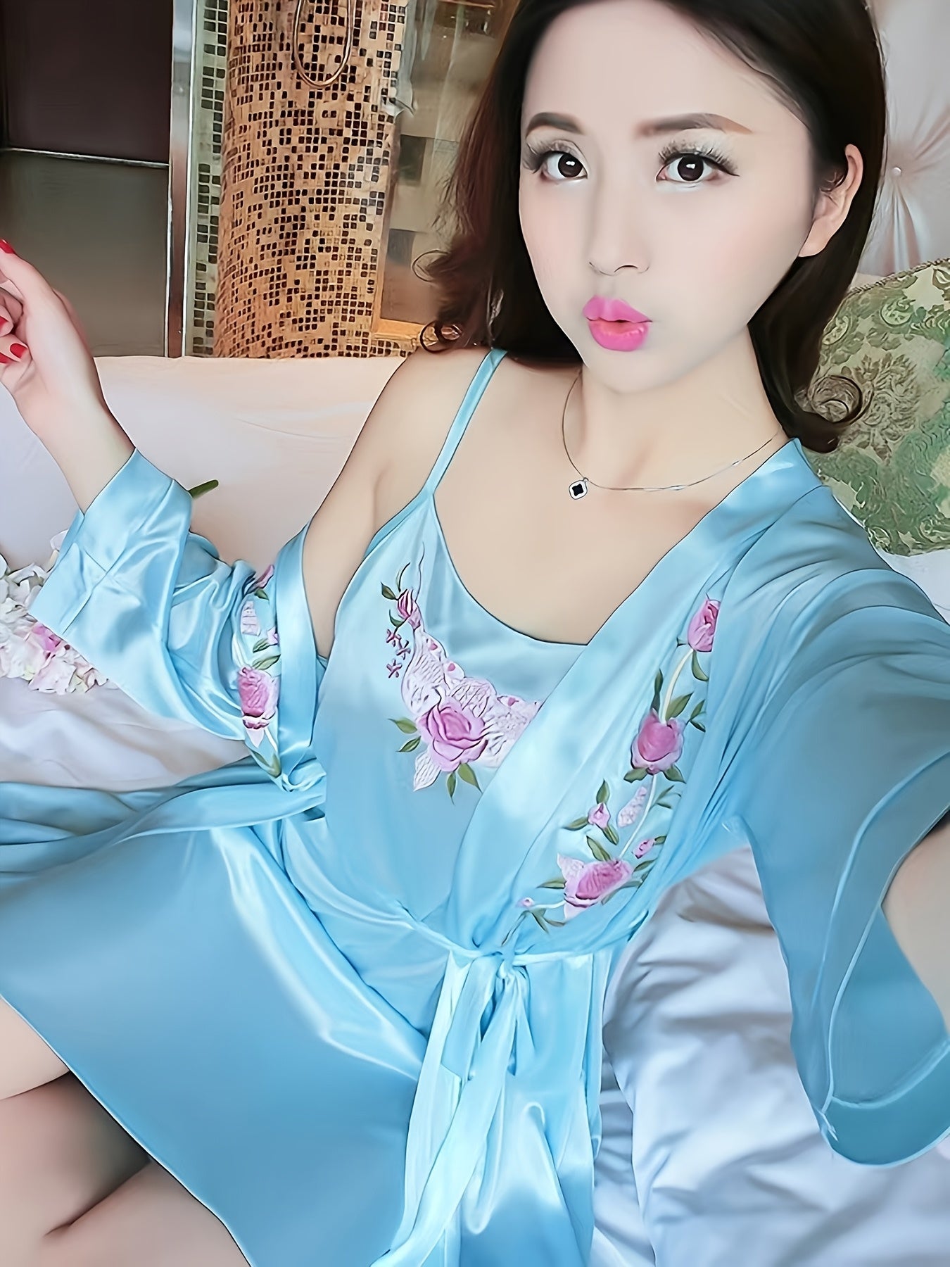 Elegant Women's Satin Pajamas Suit - Comfortable Sexy Sling Dress，With Belt Robe，Embroidery Details，Machine Washable - Spring/Summer/Autumn、Homewear、2 Set、Elegant Style、Spring/Summer/Autumn