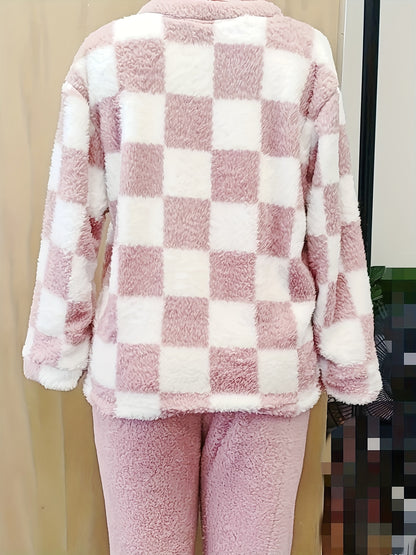 Women's Coral Velvet Pajamas Suit，Pink Plaid，Warm Long Sleeves，Loose design，Adult Pajamas，No Belt，Knitted Fabric，Home Leisure Clothing