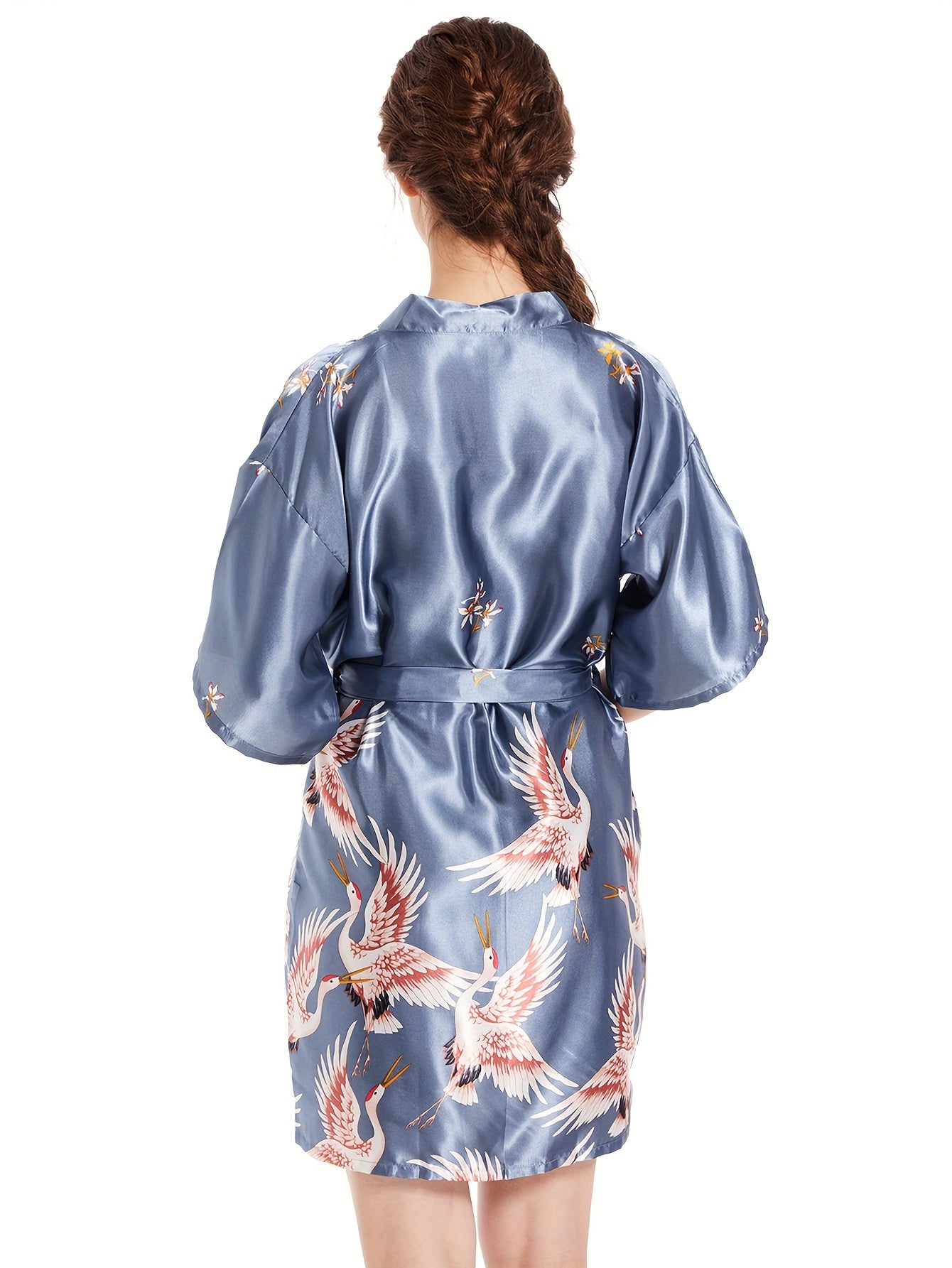 Pajamas Home Dress Arrangement Female Ethnic Crane Spring and Autumn Sexy Short Robe Two-Piece Set