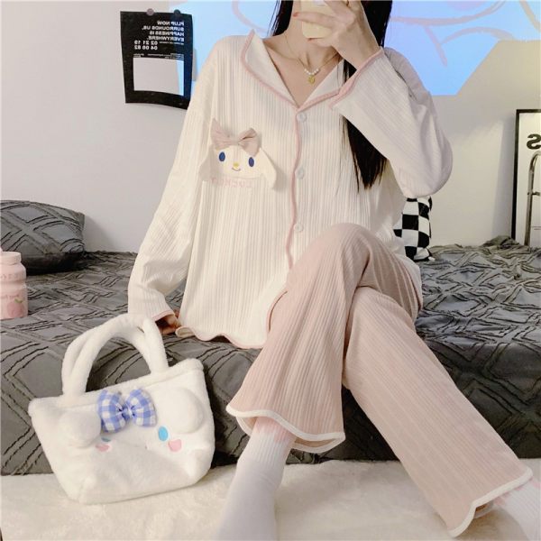 2Pieces Sanrio Women's pajama suit，Sweet Lapel Long Sleeve Top with Bowknot and Embroidered Dog，Solid Color Polyester Knitted Fabric，Trousers，Spring and autumn pajamas