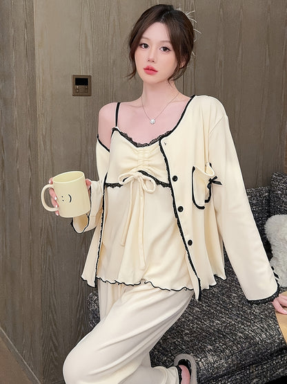 Autumn Winter Thermal Velvet Thick Long-Sleeved Trousers Suspenders Three-Piece Solid Color Lace High-End Home Wear Suit