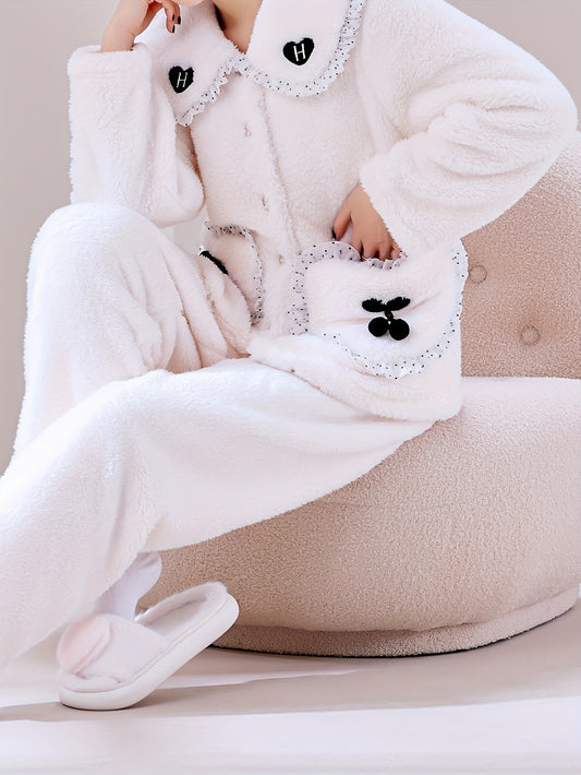 Comfortable Fleece Lining Women's Pajama Suit - Long Sleeve Button Top and Elastic Belt Pants，Machine Washable - Perfect Choice for Autumn and Winter