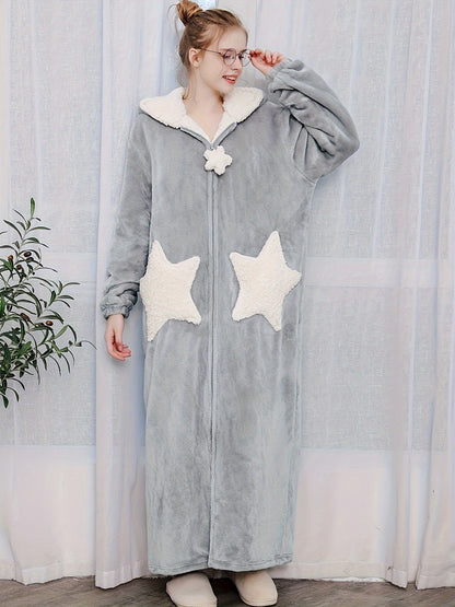 Star Pattern Hooded Soft Homewear  Soft and Comfortable Autumn and Winter Velvet Hooded Long Comfortable Suede Women's Bathrobe，Large Star Pattern，Home Warmth，Fashionable warm，Lively and Cute，Worth Buying