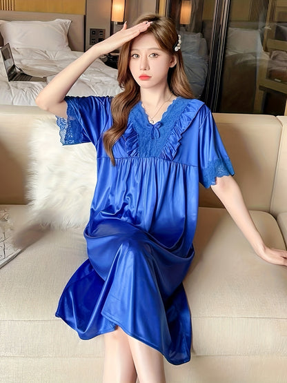 Elegant Ladies Lace V Collar Nightdress with Bowknot Details - Comfortable Short Sleeve Pajamas，Solid Color