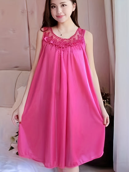 Women's Spring/Summer Ice Silk Home Wear Nightdress Dress Home Wear Lace Stitching Nightdress Comfortable Dress Nightdress