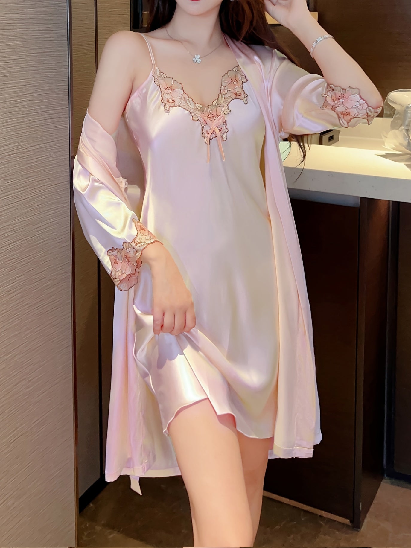 Women's Fashion Pajamas Suit with Belt - V Collar Suspender Dress&Three-Quarter Sleeve Robe，Soft Polyester Blending，Perfect Choice for Spring and Summer