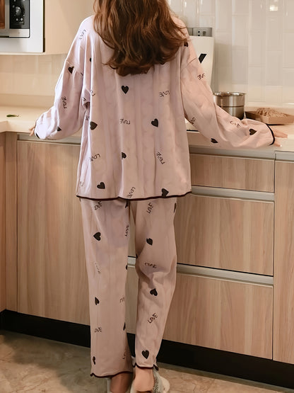 Women's Elegant Spring and Autumn Long Sleeve Pajamas，Love Heart Simplicity Lazy Style，Two-Piece Homewear