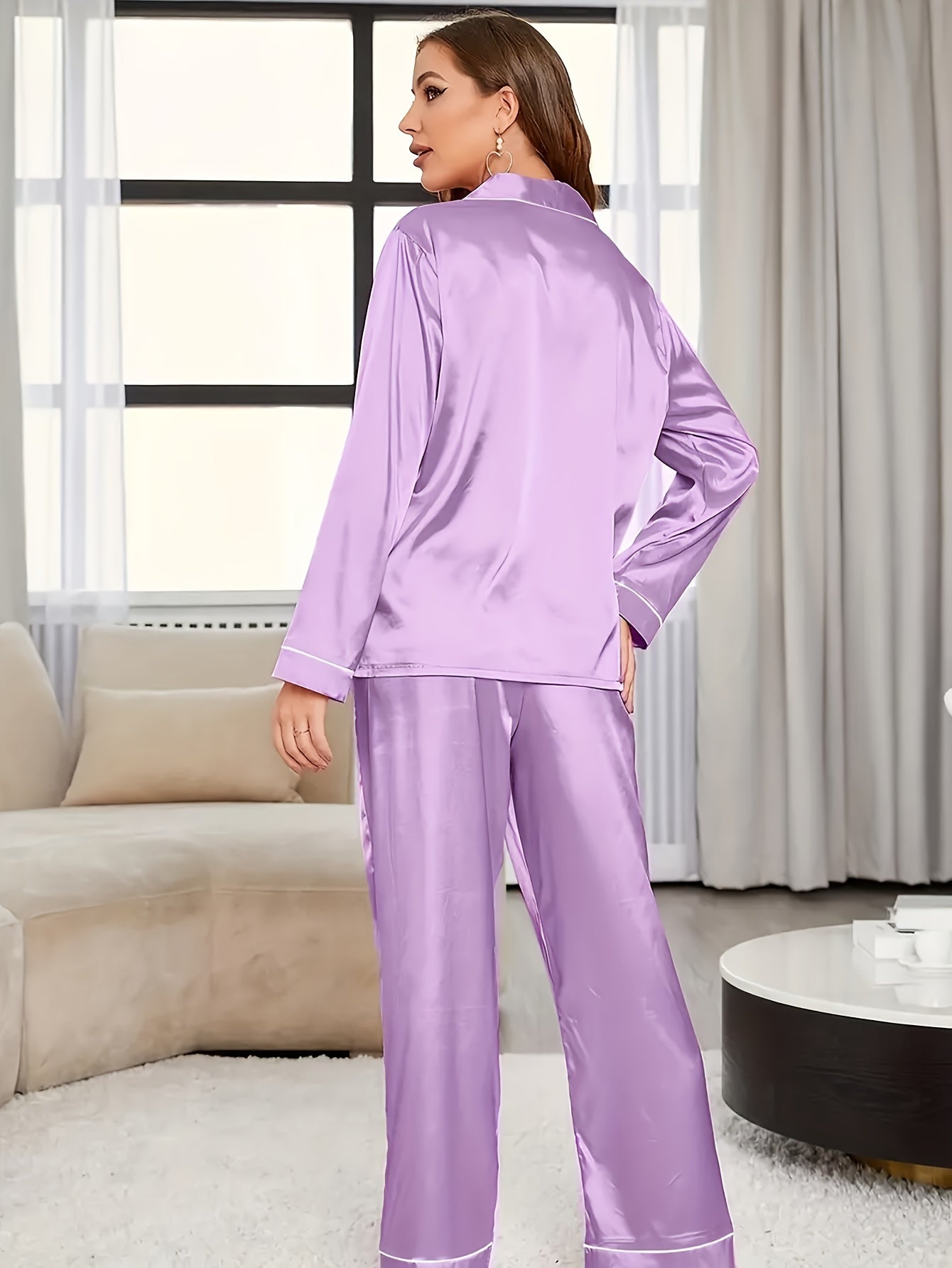 1 Cardigan、Pajamas、Women's Simple Pure Color Comfort Homewear，Button Long Sleeve Pants，Ice silk suit