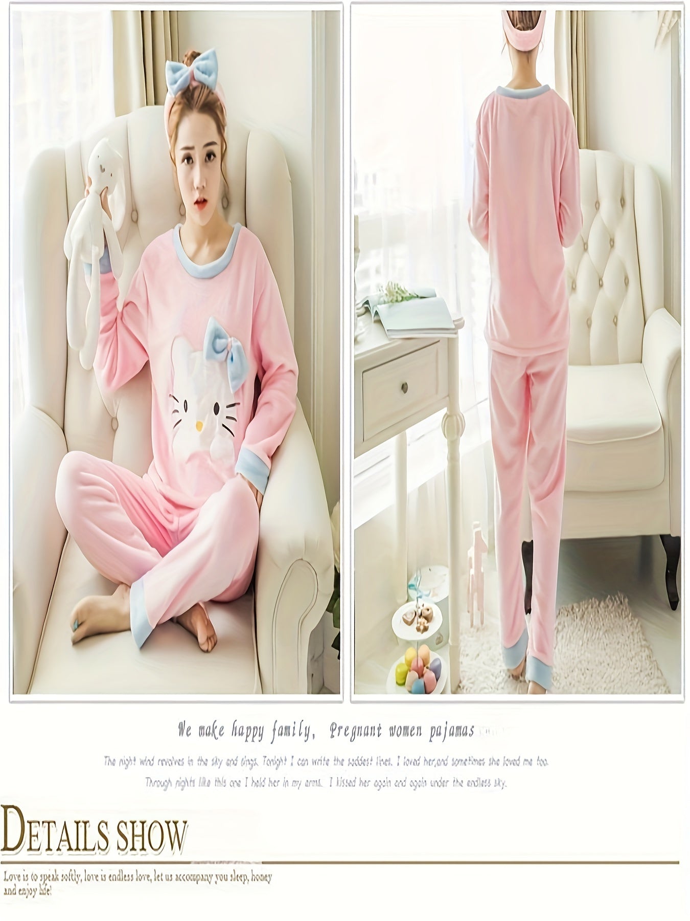 Triple Cute Winter Flannel round Neck Pajamas Coral Velvet Home Ladies Two-Piece Set