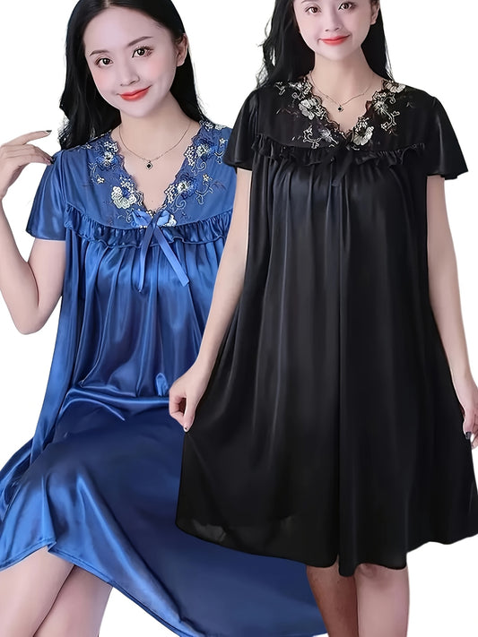 2Lady Sexy Lace Pajamas - V Collar，Short Sleeve，Breathable Polyester Fiber Nightdress，Loose design