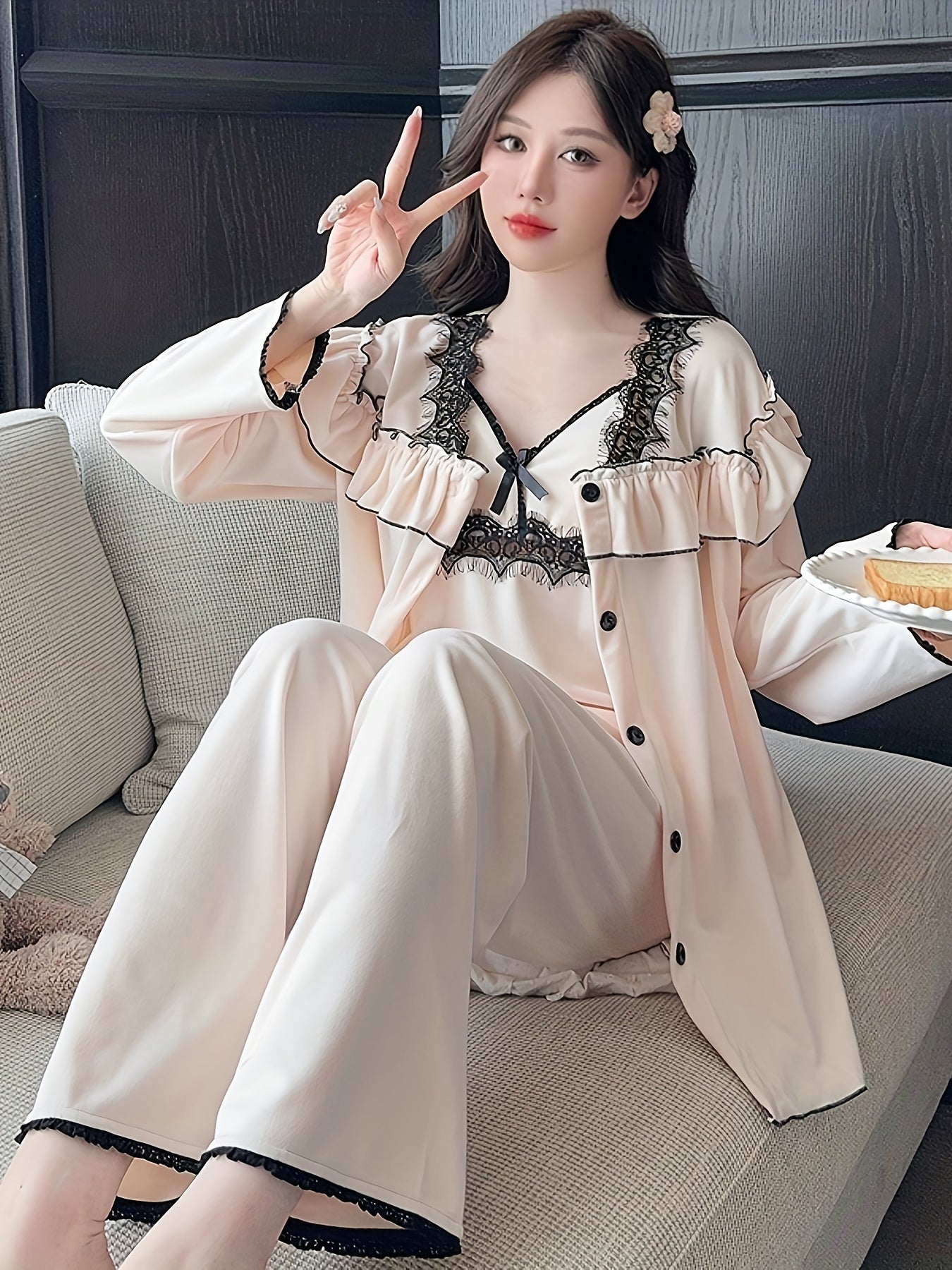 Autumn and Winter Thickening Velvet Long-Sleeved Trousers Lace-up Women's Pajamas Three-Piece Suit Pure Desire Style Sexy Lace Homewear