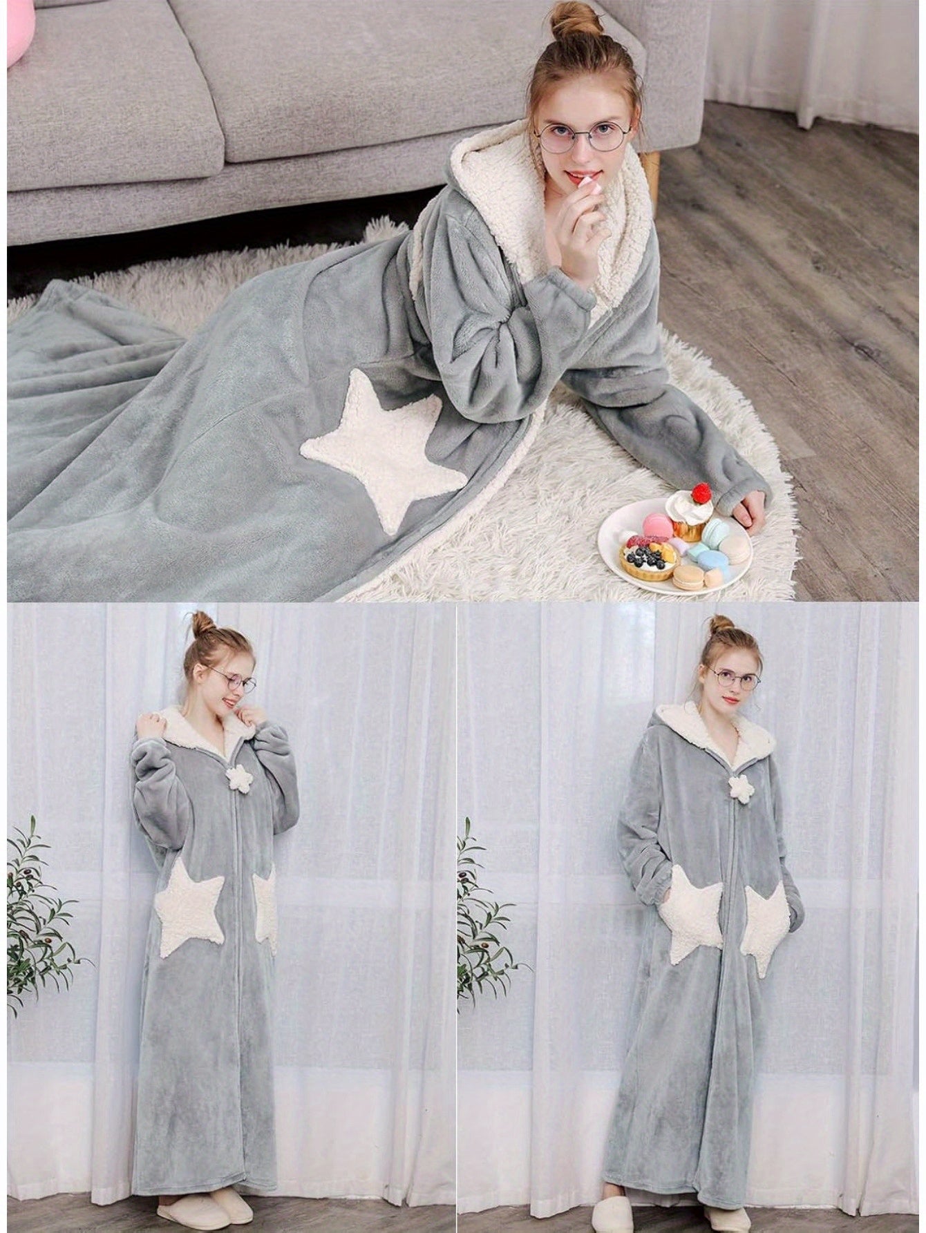 HelloMama Women's Long Pajamas Long Pajamas，Plush Thermal Pajamas with Hood and Zipper，Long Pajamas，Night Pajamas