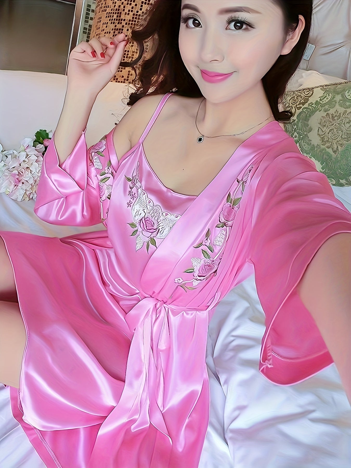 Elegant Women's Satin Pajamas Suit - Comfortable Sexy Sling Dress，With Belt Robe，Embroidery Details，Machine Washable - Spring/Summer/Autumn、Homewear、2 Set、Elegant Style、Spring/Summer/Autumn