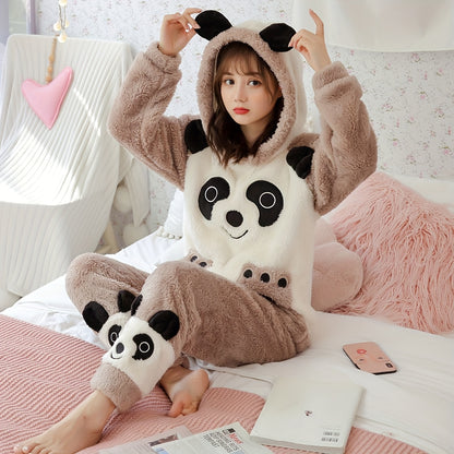 Women's Winter Pajamas Suit，Cute Cartoon Panda Hooded Long Sleeve Top，Embroidered Fluff，Thick Warm Polyester Home Wear，100%Polyester Knitted Fabric，Adult Casual Wear