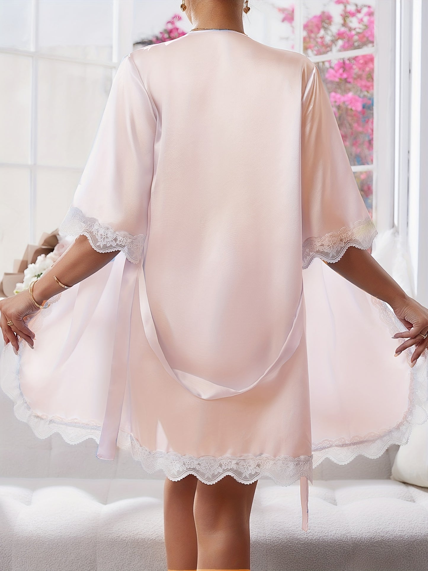 Sexy Solid Color Satin Lace Trim Nightgown，Half Sleeve with Belt V Collar Robe，Women's Pajamas and Dress