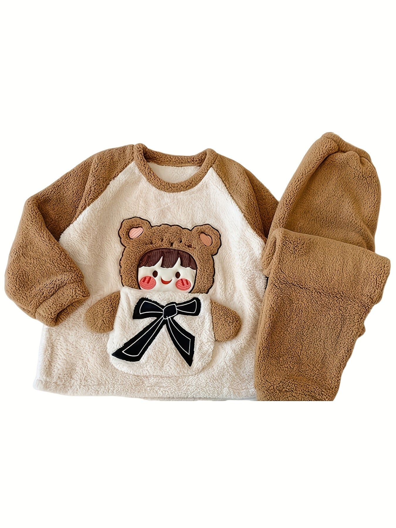 Winter Cute Cartoon Bear Pattern Women's Pajamas Suit，Comfortable Polyester Knitted Fabric，Round collar design，Long Fluffy Homewear Suitable for Adults