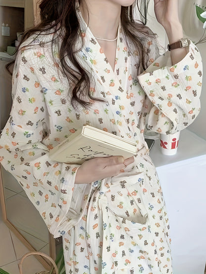 Cute Cartoon Printed Texture Nightgown，Comfortable Long Sleeve Kimono Nightgown with Belt，Women's Casual Wear and Pajamas